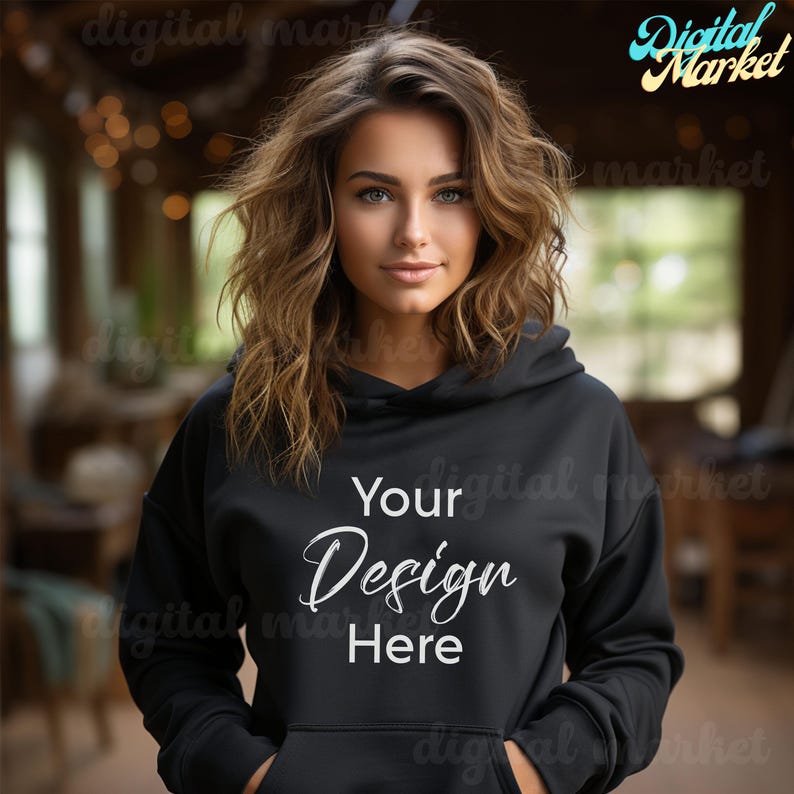 Gildan 18500 zwarte hoodiemodel, Gildan hoodiemodel, zwarte hoodiemodel, modelmodel, zwarte oversized hoodiemodel, Gildan-modellen, POD afbeelding 1