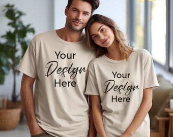 Maquette de couple en toile Bella naturelle 3001, couple naturel de t-shirt, maquette naturelle en toile Bella, maquette de couple en toile Bella 3001