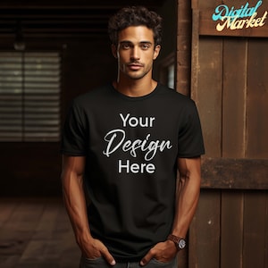 Gildan Black Shirt Mockup, Gildan 5000 Mockup, Model Mockup Gildan Shirt, Black Unisex Tee Mock Gildan, Outdoor Gildan 5000
