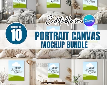 Può includere: Un pacchetto di 10 mockup di tele verticali con una tela rettangolare appesa a una parete sopra un letto o un mobile. Ogni tela mostra un cielo azzurro, una nuvola bianca, colline verdi e il testo YOUR DESIGN HERE.