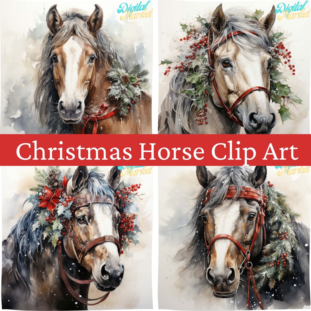 Christmas Horse Clipart, Watercolor Holiday Horses High Quality JPG ...