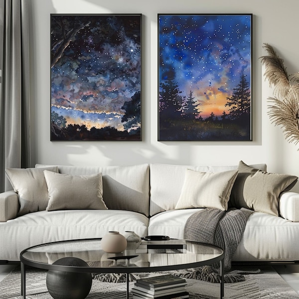 Mystical Night Sky Digital Printable Art Set of 2, Gallery Wall Art Bundle, Download Print Set Starry Night Sky
