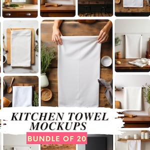 Puede incluir: Una colección de veinte paños de cocina blancos mostrados en diversos entornos, incluyendo colgados en estantes de madera, doblados sobre encimeras y sostenidos planos contra superficies de madera rústica, exhibiendo un producto textil versátil.
