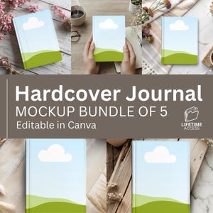 May include: A mockup bundle of five hardcover journals. Each journal features a light blue sky with a white cloud and green landscape design. The text "Hardcover Journal" and "MOCKUP BUNDLE OF 5" are displayed.
