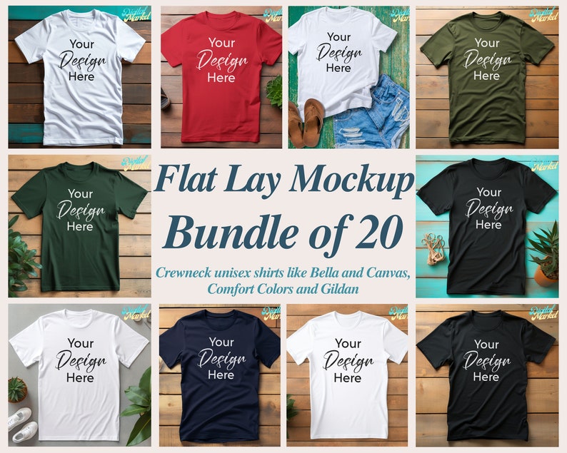 Puede incluir: Un paquete de maquetas de camisetas de cuello redondo en posici&oacute;n plana, que incluye 20 camisetas de diferentes colores, entre ellos blanco, rojo, verde, negro, azul marino y gris jaspeado. Las camisetas est&aacute;n dispuestas sobre una superficie de madera y presentan el texto "Your Design Here" en cada camiseta.