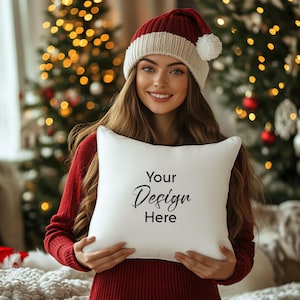 Christmas Mockup Throw Pillow Mockup White Decorative Pillow Accent Pillow Christmas Theme Pillow Photo Design Female Model Mock Up JPG