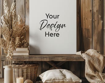 Boho Canvas Mockup on Easel, Minimalist Fall Wall Art Display, Blank Canvas Lifestyle Photo Modern Decor, Autumn Neutral Accent Setting