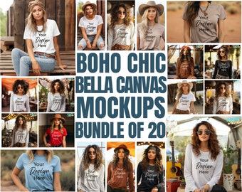 Boho Chic Model Mockup, Bella Canvas 3001 3501 Boho Mockup Bundle, Female Model, Black/White/Natural t-shirt, Boho Dream Photoshoot