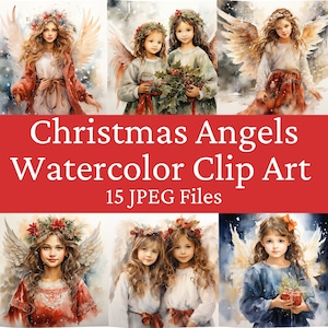 Watercolor Christmas Angel Clipart, Watercolor Graphics, winter holiday, Junk Journal, Instant Download, Commercial Use, JPEG Files