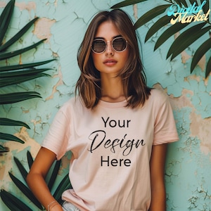Heather Peach Bella Canvas 3001 T-Shirt Mockup, Boho Womens Shirt Mockup, Peach Tee Mockup, Casual Wear Peach T-Shirt Template, Model Mockup