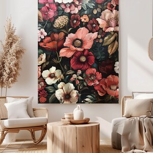 May include: A dark background with a large floral arrangement featuring red, pink, and white flowers. The flowers are painted in a realistic style and have a vintage feel.