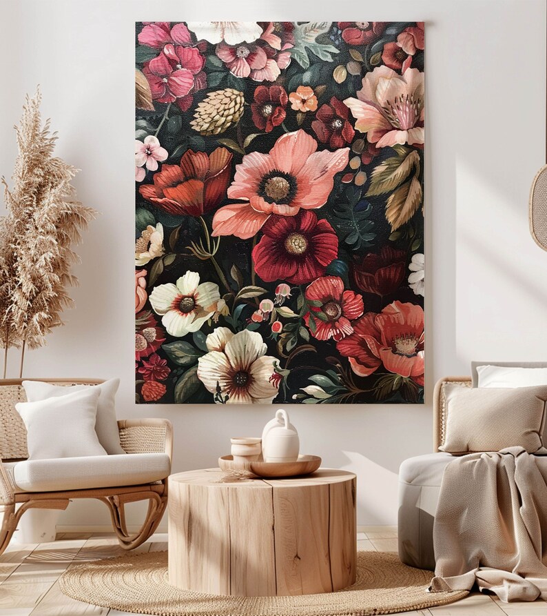 May include: A dark background with a large floral arrangement featuring red, pink, and white flowers. The flowers are painted in a realistic style and have a vintage feel.