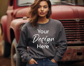 Donkergrijze gemêleerde trui, donkergrijs gemêleerde sweatermodel, sweatermodel, Gildan-sweatshirtmodel, 18000 Gildan, vrouwelijk modelmodel
