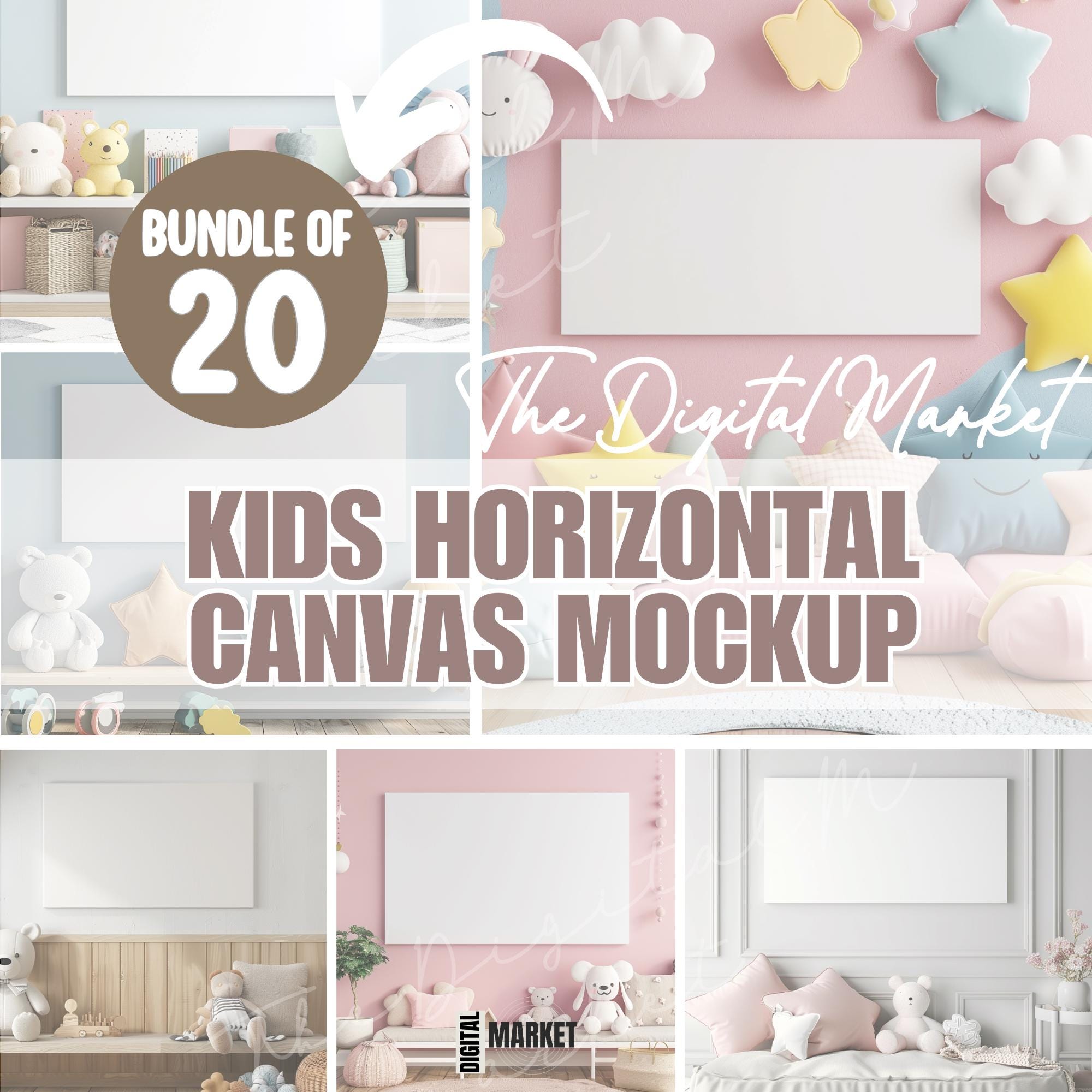 Kids Horizontal Canvas Mockup, Nursery Room Landscape Canvas Mockup Bundle, Horizontal Wall Art Mockup, Blank Kids Playroom Canvas Mockup