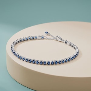 925 Sterling Silver Blue Sparkling Tennis Bracelet, Round Cut Blue Cubic Zirconia Bracelet for Women, Elegant Pandora Style Jewelry Gift