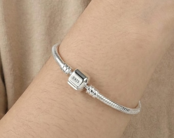 Pandora Style S925 Sterling Silver Snake Chain Charm Bracelet | Smooth Snake Bone Bracelet for Women | Fine Jewelry Gift