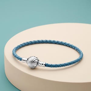 Genuine S925 Sterling Silver Shell Clasp Dark Blue Braided Leather Bracelet | Nautical Ocean Charm Bracelet Gift for Her
