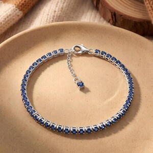 925 Sterling Silver Blue Sparkling Tennis Bracelet, Round Cut Blue Cubic Zirconia Bracelet for Women, Elegant Pandora Style Jewelry Gift