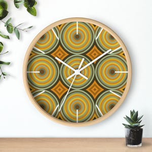 Mid-Century Modern Wall Clock, Retro Vintage Style Clock for Home Decor - Earthy Tones, Symmetrical Design, Mustard Yellow, Teal, Olive