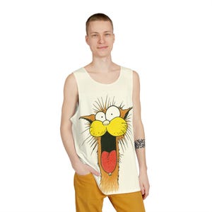Camiseta sin mangas de gato de dibujos animados para hombre, estilo cómic retro, divertida camiseta con estampado de animales, ropa informal con humor atrevido, estampado dibujado a mano.