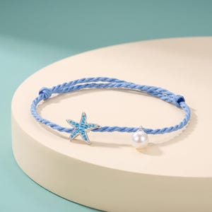 S925 Sterling Silver Blue Starfish Rope Bracelet with Pearl, Ocean Theme Beach Jewelry, Adjustable Cord Bracelet, Summer Gift for Her