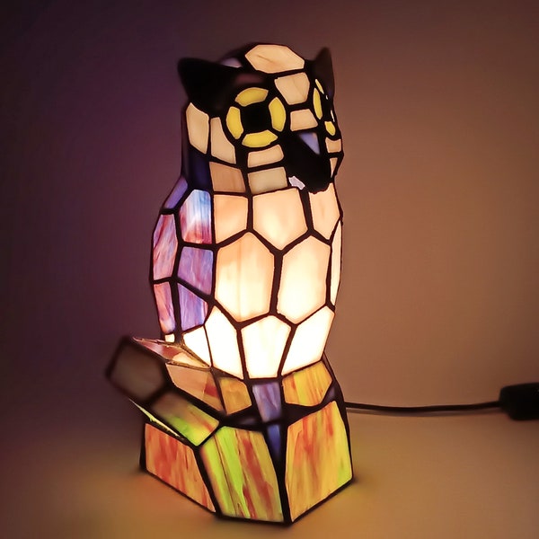 Owl shaped glass table lamp Antique owl figurine lamp Collectible bedside light Colored glass night light Housewarming gift Christmas gift