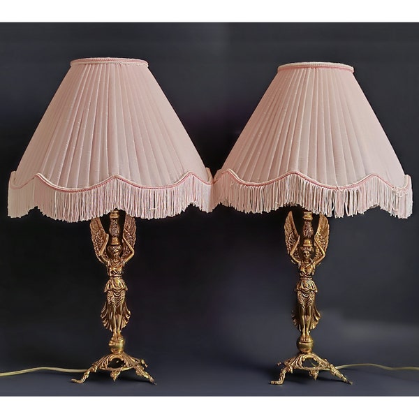 Paire de lampes de table en laiton bronze antique Lampes de chevet de collection avec abat-jour Lampe veilleuse Lampe de table Cadeau de pendaison de crémaillère Art Nouveau