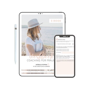 Può includere: Un tablet digitale e uno smartphone che mostrano un quaderno rosa e bianco con il testo "Workbook Coaching für Frauen Grübeln Stoppen & In die Umsetzung kommen Isabelle Hann Shemotion Coaching" e il testo "Der nächste Schritt" sullo smartphone.