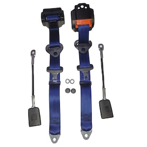 May include: Two blue seat belts with black buckles and metal hardware. The belts are attached to two black metal clips with silver connectors. The belts are on a white background.