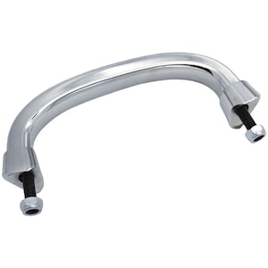May include: A shiny, chrome-plated handle with a curved design. The handle has a rectangular base on each end, with a black bolt and nut for attachment. The handle is designed for easy gripping and pulling.