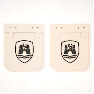 White VW T1 T2 Rear Mud Flaps Set with Black Wolfsburg Emblem for Minibus 1950-1979 Classic Rubber Splash Guards and Mounting Kit (25-3155)