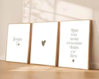 Lot of 3 Christian posters, in French, digital format, "Jesus, heart, your name"