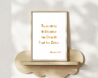 Christian wall poster, in French, children's room decoration, "Matthew 22:37"