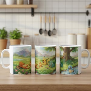Puede incluir: Tres tazas de cerámica blanca con ilustraciones envolventes de un paisaje herboso con montañas y personajes de dibujos animados. Una taza presenta a Charmander, otra a Pikachu y Bulbasaur, y la tercera a Squirtle.