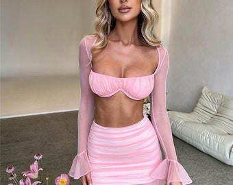 Verführerisches Mesh-Kleid-Set - Clubparty Zweitteiliges Outfit - Crop Top & Minirock-Set - Figurbetontes Damenkleid