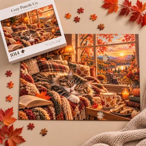 May include: A 1014-piece jigsaw puzzle box and assembled puzzle featuring a tabby cat sleeping on a textured blanket next to an open book, a mug with autumn leaves, and a sunset landscape view through a window, surrounded by loose puzzle pieces.