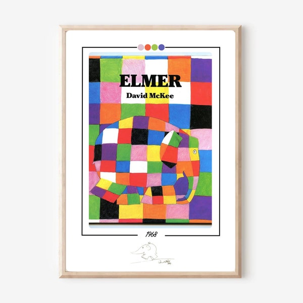 Couverture de livre d'Elmer, impression de David McKee, cadeau personnalisé pour les amoureux des livres, cadeau livresque littéraire, chambre d'enfant Elmer l'éléphant, art du livre pour enfants