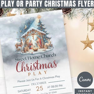 May include: A Christmas flyer for Sweet Home Church featuring a nativity scene with a manger, figures, and a decorated tree under a star. The text includes event details for Saturday, December 25 at 08:00 PM at 123 Anywhere St., Any City, ST 12345.