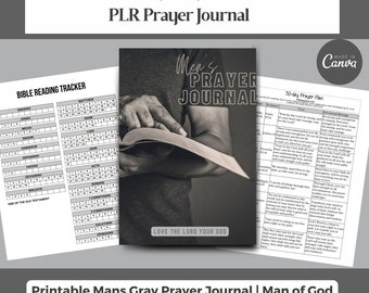 May include: A printable prayer journal for men with a black and white photo of a hand holding a book open. The journal cover has the text "Men's Prayer Journal" and the words "Love the Lord your God". The journal includes a 30-day prayer plan and a Bible reading tracker.