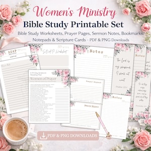 Puede incluir: Un conjunto de materiales imprimibles para el estudio de la Biblia. El conjunto incluye hojas de trabajo, páginas de oración, notas de sermones, marcadores, blocs de notas y tarjetas de escritura. El diseño presenta acentos florales y el texto "Women's Ministry Bible Study".