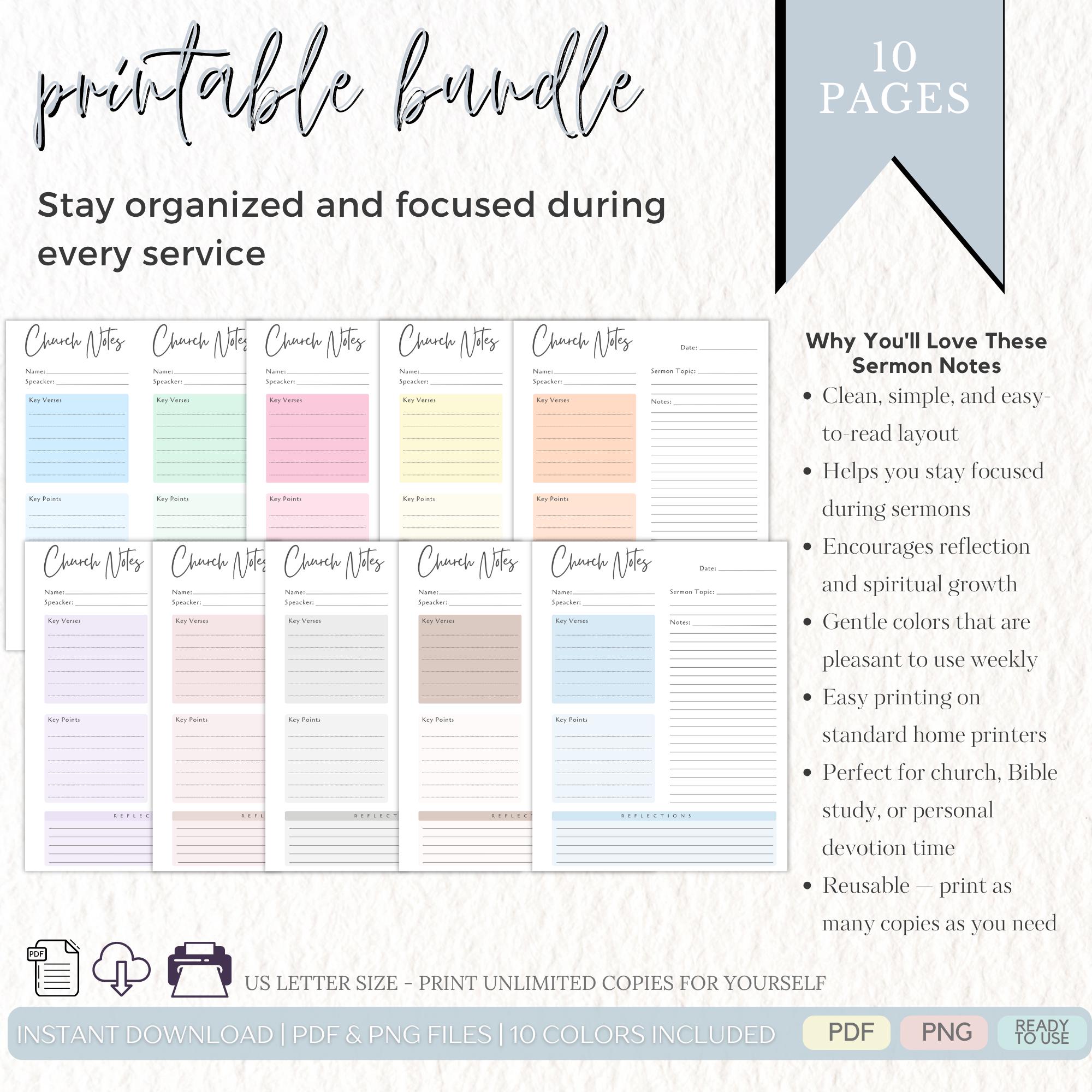 Printable Church Sermon Notes Template, Christian Bible Study Worship ...