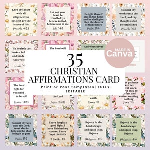 Tarjetas de afirmaciones cristianas/Tarjetas de afirmaciones digitales PLR/Afirmaciones con versículos bíblicos/Tarjetas de afirmaciones inspiradoras/Editar en Canva