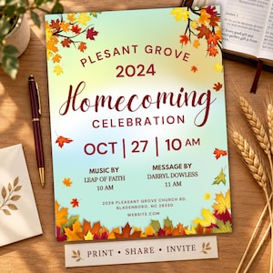 May include: A rectangular flyer for the 2024 Plesant Grove Homecoming Celebration on Oct 27 at 10 AM, featuring a gradient background with colorful autumn leaves, text details for music and messages, and the address 2039 Pleasant Grove Church Rd.
