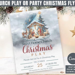 Pode incluir: Um folheto de Natal com o texto "CHURCH PLAY OR PARTY CHRISTMAS FLYER" no topo. O folheto apresenta uma ilustração em aquarela da cena da Natividade. O texto "Sweet Home Church Christmas Play" também está incluído, juntamente com os detalhes do evento.