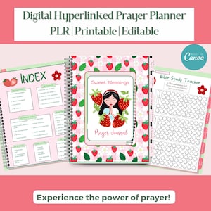 May include: A digital prayer planner with a pink and white strawberry pattern. The planner includes sections for prayer lists, daily and weekly planning, scripture study, and a Bible study tracker. The cover features the text "Sweet Blessings" and "Prayer Journal".