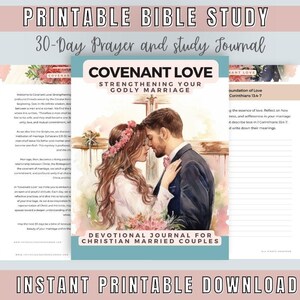 Op de afbeelding: Printbare 30-daagse devotie-dagboek voor christelijke echtparen. De omslag toont een aquarel-illustratie van een bruid en bruidegom voor een kruis met de titel "Covenant Love: Versterking van uw godvruchtige huwelijk".