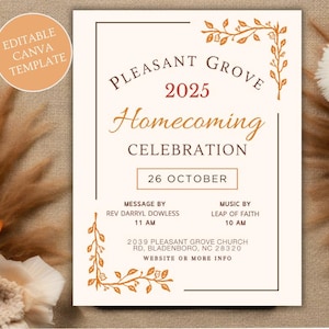 May include: Cream-colored invitation for a Pleasant Grove Homecoming Celebration in 2025. The design includes text, decorative corner elements, and the words "Editable Canva Template". The date is October 26.