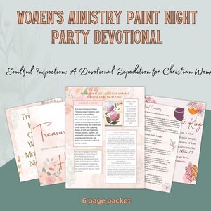 Könnte beinhalten: Ein sechsteiliges Andachtspaket für eine Frauen-Ministery-Malnacht-Party. Das Cover zeigt ein pinkfarbenes und weißes Blumenmuster mit dem Text "Frauen-Ministery-Malnacht-Party-Andacht" und "Seelenschau: Eine Andachtsreise für christliche Frauen."
