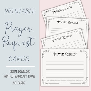 Op de afbeelding: Afdrukbare gebedsverzoekkaarten met de tekst "Prayer Request" bovenaan. De kaarten hebben lijnen om op te schrijven en decoratieve randen. De afbeelding bevat ook de tekst "Print Cut and Ready to Use" en "40 Cards".