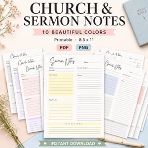 Puede incluir: Un conjunto de páginas imprimibles de notas de iglesia y sermones en 10 colores, de 8.5 x 11 pulgadas. Las páginas incluyen secciones para nombre, orador, fecha, tema del sermón, versículos clave, puntos clave, notas y reflexiones.